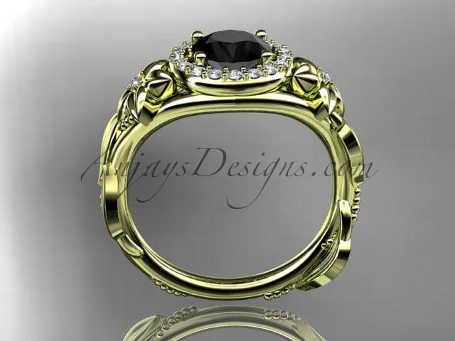 14k yellow gold diamond unique leaf and vine, floral engagement ring with a Black Diamond center stone ADLR327 - AnjaysDesigns