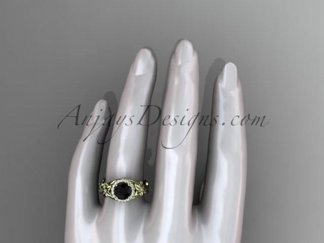 14k yellow gold diamond unique leaf and vine, floral engagement ring with a Black Diamond center stone ADLR327 - AnjaysDesigns