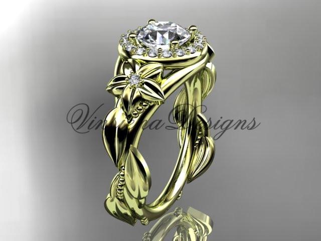 14k yellow gold diamond floral engagement ring "Forever One" Moissanite ADLR327