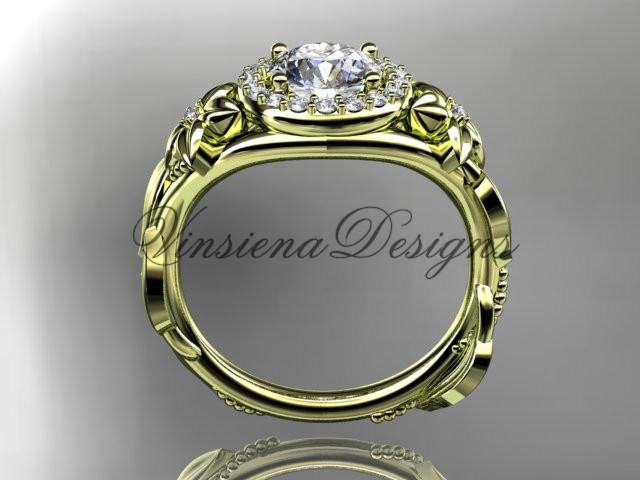 14k yellow gold diamond floral engagement ring "Forever One" Moissanite ADLR327