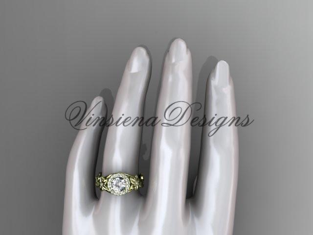 14k yellow gold diamond floral engagement ring "Forever One" Moissanite ADLR327