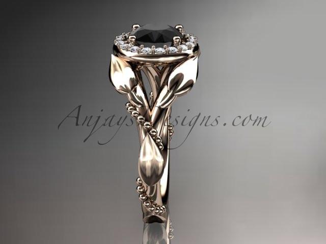 14kt rose gold diamond leaf and vine wedding ring,engagement ring with a Black Diamond center stone ADLR328 - AnjaysDesigns