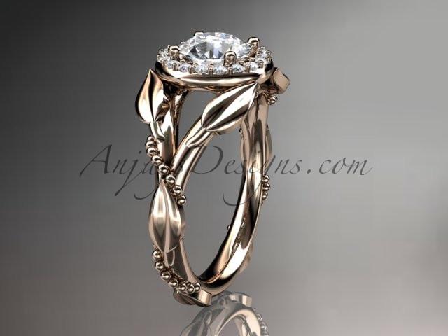14kt rose gold diamond leaf and vine wedding ring, engagement ring with a "Forever One" Moissanite center stone ADLR328 - AnjaysDesigns