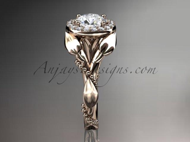 14kt rose gold diamond leaf and vine wedding ring, engagement ring with a "Forever One" Moissanite center stone ADLR328 - AnjaysDesigns