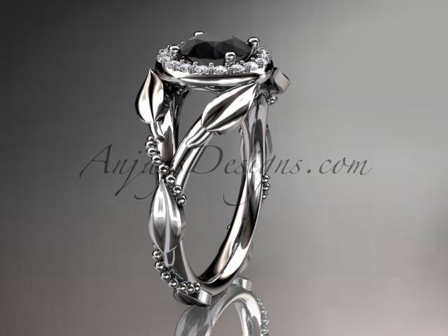 14kt white gold diamond leaf and vine wedding ring,engagement ring with a Black Diamond center stone ADLR328 - AnjaysDesigns