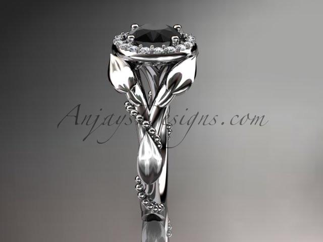 Platinum diamond leaf and vine wedding ring,engagement ring with a Black Diamond center stone ADLR328 - AnjaysDesigns