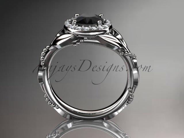 Platinum diamond leaf and vine wedding ring,engagement ring with a Black Diamond center stone ADLR328 - AnjaysDesigns