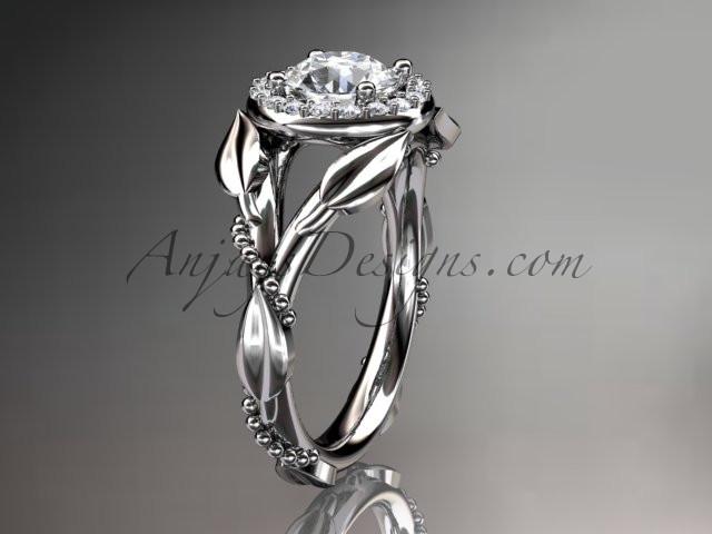 Platinum diamond leaf and vine wedding ring,engagement ring with a "Forever One" Moissanite center stone ADLR328 - AnjaysDesigns