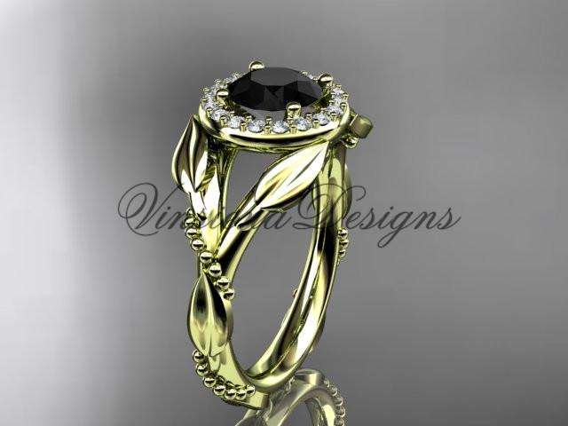 14k yellow gold diamond leaf  engagement ring. Enhanced Black Diamond ADLR328