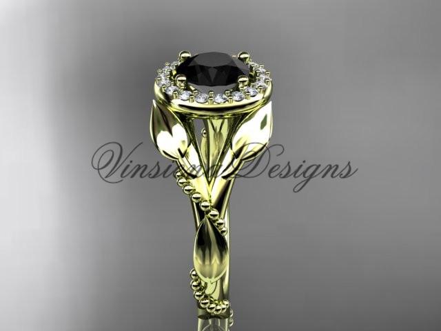 14k yellow gold diamond leaf  engagement ring. Enhanced Black Diamond ADLR328