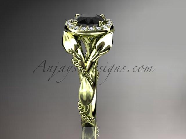 14kt yellow gold diamond leaf and vine wedding ring,engagement ring with a Black Diamond center stone ADLR328 - AnjaysDesigns