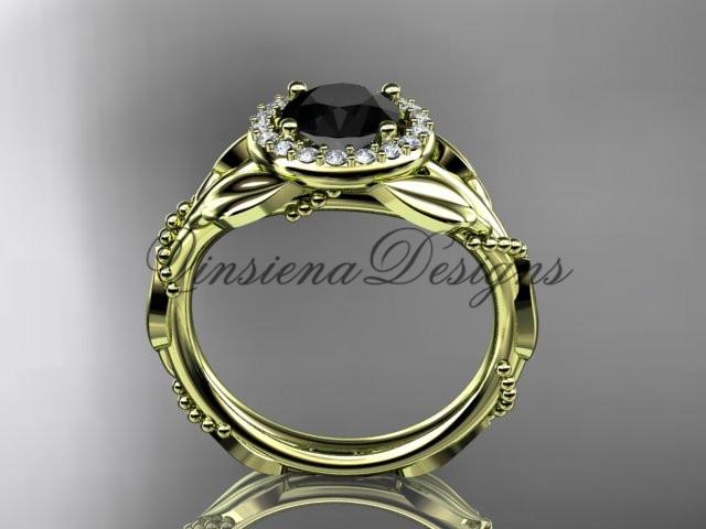 14k yellow gold diamond leaf  engagement ring. Enhanced Black Diamond ADLR328