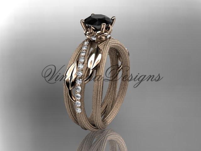 14kt rose gold diamond leaf engagement ring, Enhanced Black Diamond ADLR329