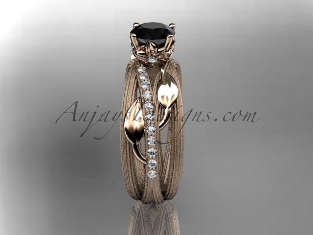 14kt rose gold diamond leaf and vine wedding ring, engagement ring with a Black Diamond center stone ADLR329 - AnjaysDesigns