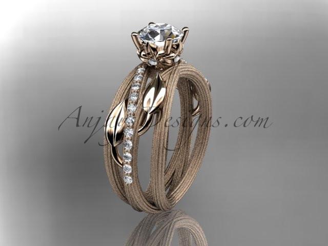 14kt rose gold diamond leaf and vine wedding ring,engagement ring with a "Forever One" Moissanite center stone ADLR329 - AnjaysDesigns