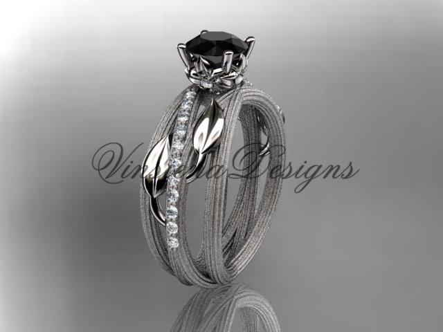 14k white gold diamond leaf engagement ring, Enhanced Black Diamond ADLR329