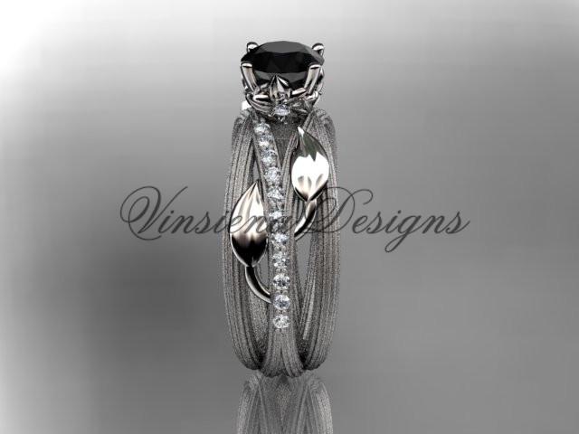 Platinum diamond leaf and vine engagement ring, Enhanced Black Diamond ADLR329