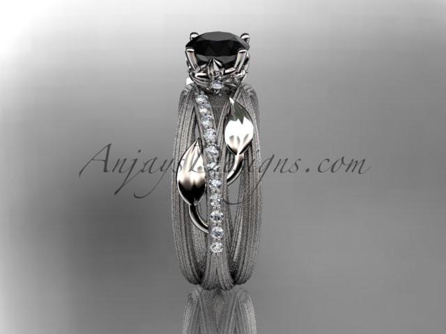 Platinum diamond leaf and vine wedding ring, engagement ring with a Black Diamond center stone ADLR329 - AnjaysDesigns