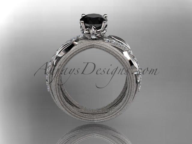 Platinum diamond leaf and vine wedding ring, engagement ring with a Black Diamond center stone ADLR329 - AnjaysDesigns