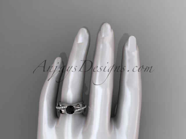 Platinum diamond leaf and vine wedding ring, engagement ring with a Black Diamond center stone ADLR329 - AnjaysDesigns