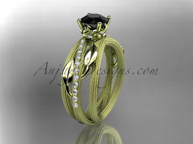 14kt yellow gold diamond leaf and vine wedding ring, engagement ring with a Black Diamond center stone ADLR329 - AnjaysDesigns