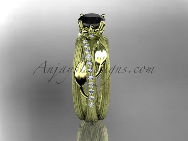 14kt yellow gold diamond leaf and vine wedding ring, engagement ring with a Black Diamond center stone ADLR329 - AnjaysDesigns