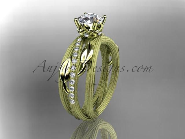 14kt yellow gold diamond leaf and vine wedding ring,engagement ring with a "Forever One" Moissanite center stone ADLR329 - AnjaysDesigns