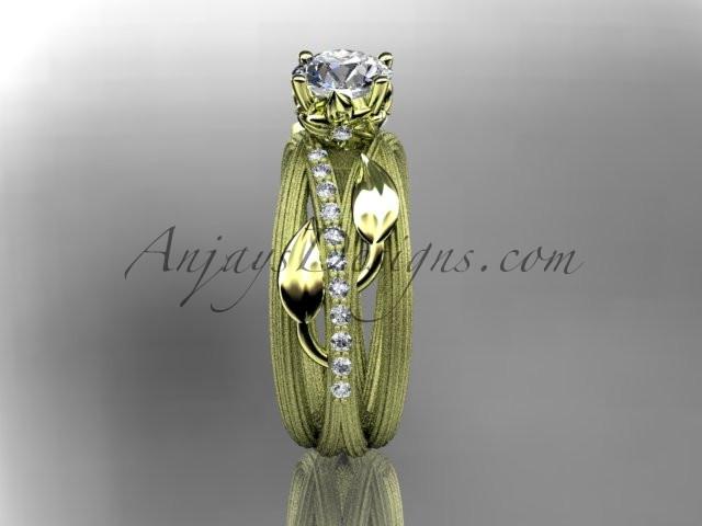 14kt yellow gold diamond leaf and vine wedding ring,engagement ring with a "Forever One" Moissanite center stone ADLR329 - AnjaysDesigns