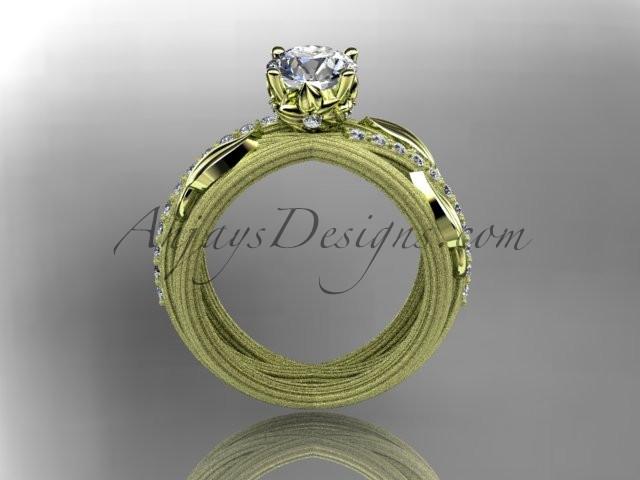 14kt yellow gold diamond leaf and vine wedding ring,engagement ring with a "Forever One" Moissanite center stone ADLR329 - AnjaysDesigns