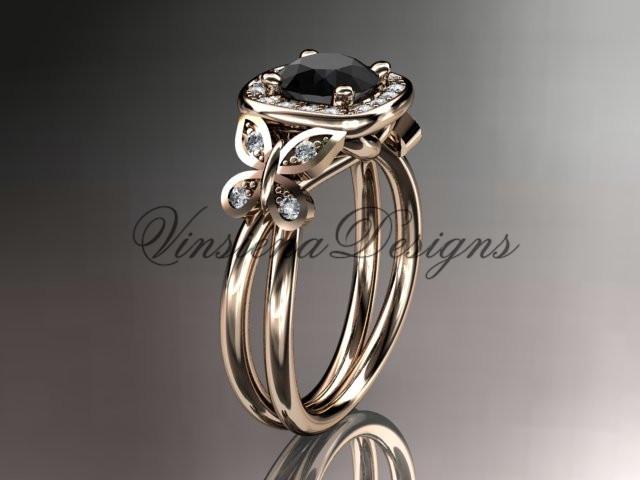 14k rose gold diamond butterfly engagement,wedding ring, Black Diamond ADLR330