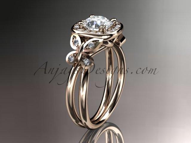 14kt rose gold diamond unique butterfly engagement ring, wedding ring with a "Forever One" Moissanite center stone ADLR330 - AnjaysDesigns