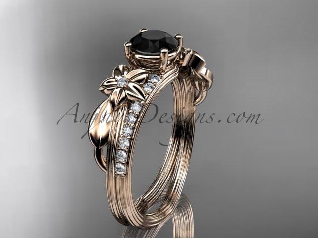 14kt rose gold diamond leaf and vine wedding ring, engagement ring with a Black Diamond center stone ADLR331 - AnjaysDesigns