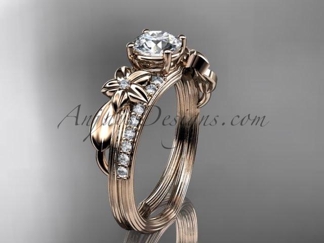 14kt rose gold diamond leaf and vine wedding ring, engagement ring with a "Forever One" Moissanite center stone ADLR331 - AnjaysDesigns