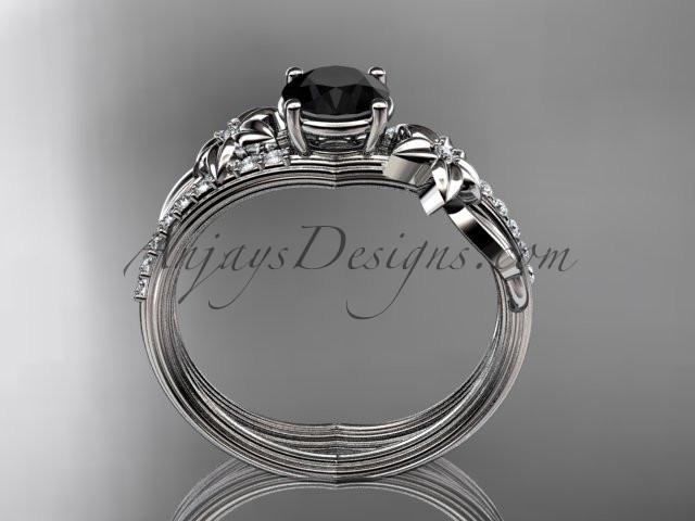 Platinum diamond leaf and vine wedding ring, engagement ring with a Black Diamond center stone ADLR331 - AnjaysDesigns