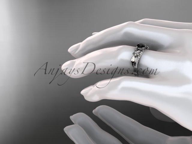 Platinum diamond leaf and vine wedding ring, engagement ring with a Black Diamond center stone ADLR331 - AnjaysDesigns