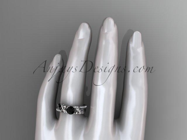 Platinum diamond leaf and vine wedding ring, engagement ring with a Black Diamond center stone ADLR331 - AnjaysDesigns