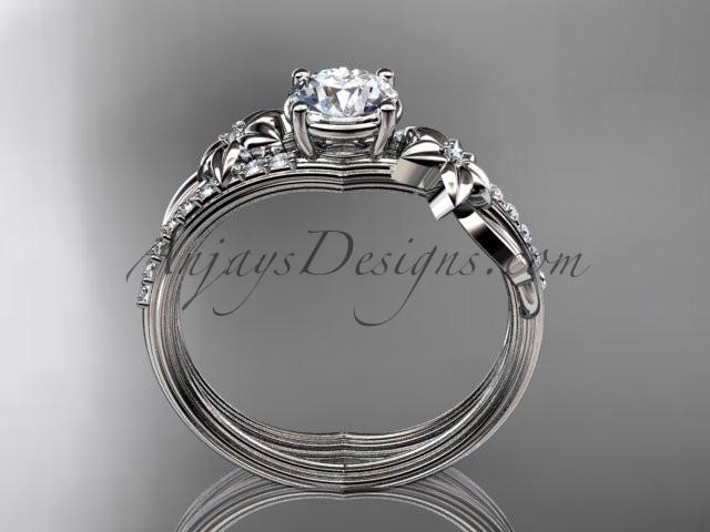 Platinum diamond leaf and vine wedding ring, engagement ring with a "Forever One" Moissanite center stone ADLR331 - AnjaysDesigns