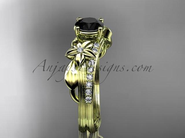 14kt yellow gold diamond leaf and vine wedding ring, engagement ring with a Black Diamond center stone ADLR331 - AnjaysDesigns