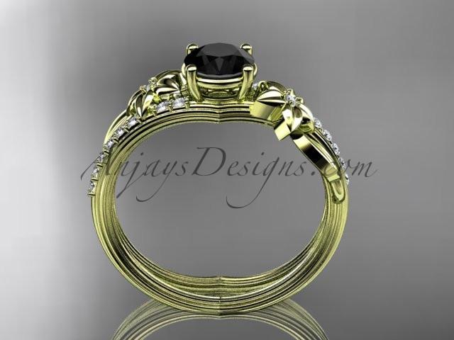 14kt yellow gold diamond leaf and vine wedding ring, engagement ring with a Black Diamond center stone ADLR331 - AnjaysDesigns