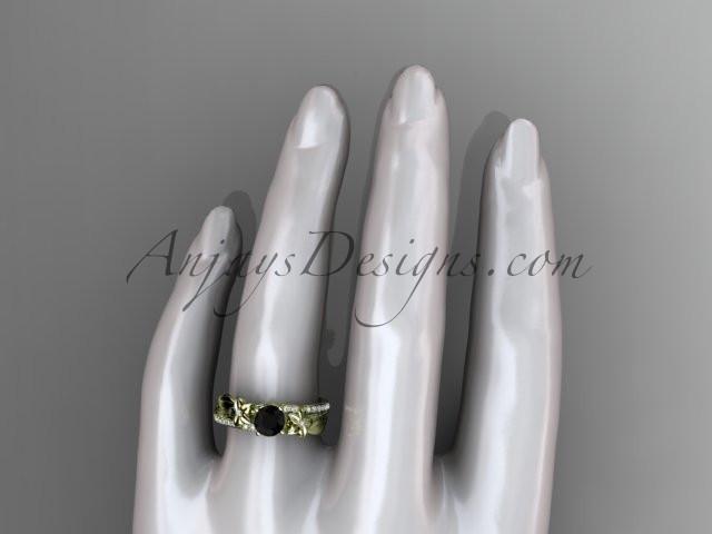 14kt yellow gold diamond leaf and vine wedding ring, engagement ring with a Black Diamond center stone ADLR331 - AnjaysDesigns