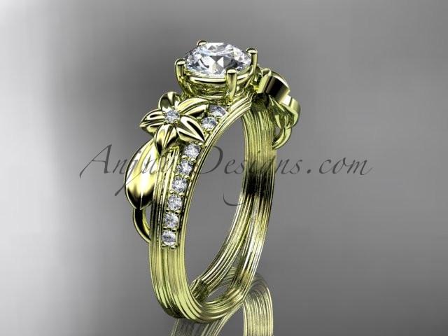 14kt yellow gold diamond leaf and vine wedding ring, engagement ring with a "Forever One" Moissanite center stone ADLR331 - AnjaysDesigns
