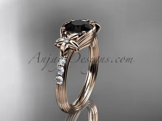Unique 14k rose gold diamond leaf and vine, floral diamond engagement ring with a Black Diamond center stone ADLR333 - AnjaysDesigns