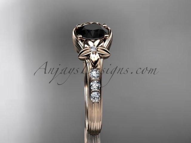 Unique 14k rose gold diamond leaf and vine, floral diamond engagement ring with a Black Diamond center stone ADLR333 - AnjaysDesigns