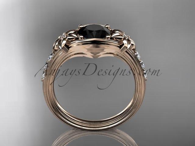 Unique 14k rose gold diamond leaf and vine, floral diamond engagement ring with a Black Diamond center stone ADLR333 - AnjaysDesigns