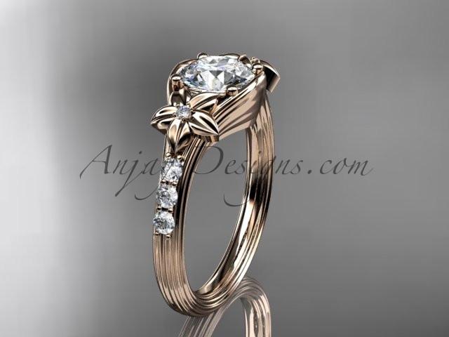 Unique 14k rose gold diamond leaf and vine, floral diamond engagement ring with a "Forever One" Moissanite center stone ADLR333 - AnjaysDesigns
