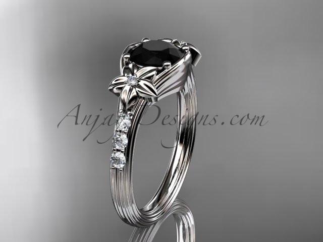 Unique Platinum diamond leaf and vine, floral diamond engagement ring with a Black Diamond center stone ADLR333 - AnjaysDesigns