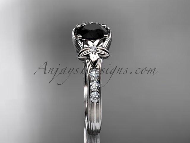 Unique 14k white gold diamond leaf and vine, floral diamond engagement ring with a Black Diamond center stone ADLR333 - AnjaysDesigns