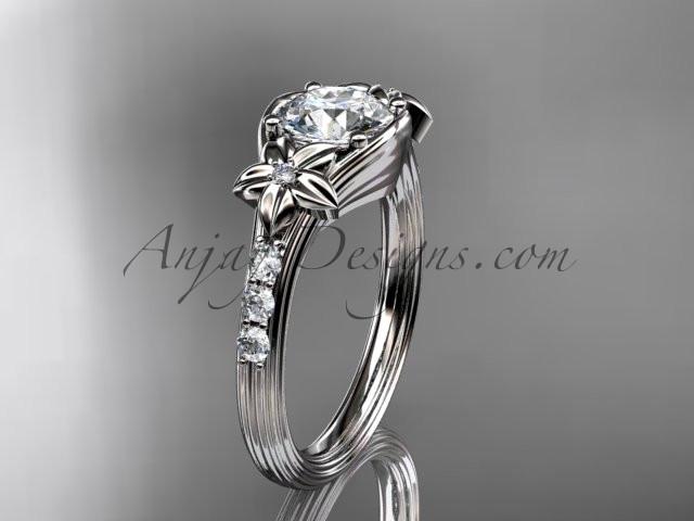 Unique 14k white gold diamond leaf and vine, floral diamond engagement ring with a "Forever One" Moissanite center stone ADLR333 - AnjaysDesigns