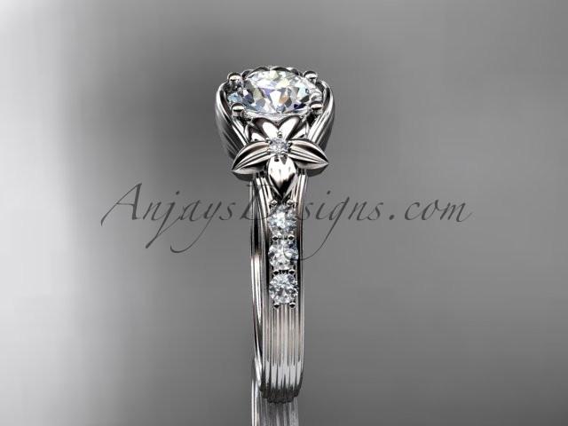 Unique Platinum diamond leaf and vine, floral diamond engagement ring with a "Forever One" Moissanite center stone ADLR333 - AnjaysDesigns
