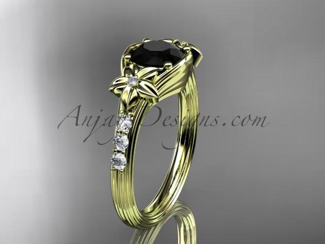 Unique 14k yellow gold diamond leaf and vine, floral diamond engagement ring with a Black Diamond center stone ADLR333 - AnjaysDesigns